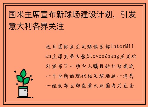 国米主席宣布新球场建设计划，引发意大利各界关注