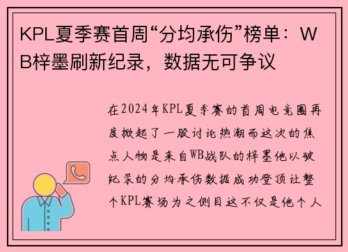 KPL夏季赛首周“分均承伤”榜单：WB梓墨刷新纪录，数据无可争议