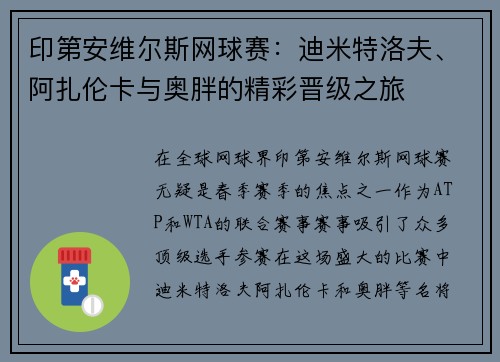 印第安维尔斯网球赛：迪米特洛夫、阿扎伦卡与奥胖的精彩晋级之旅